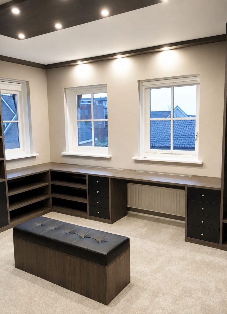 Moderne walk-in closet met op maat gemaakt zitbankje en slimme opbergruimte.